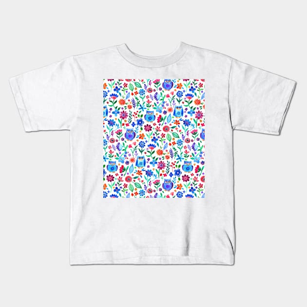 Little Owls and Flowers on White Kids T-Shirt by micklyn